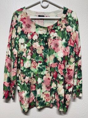 Talbots Pink & Green Floral Button-Front Cardigan Size XL